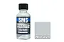 A 30ml bottle of SMS Metallic Silver acrylic lacquer paint with a black cap, next to a square swatch showing the silver paint color.
