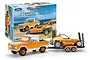 A Revell 1/25 scale 1965 Ford Bronco Half Cab model kit, featuring an orange Bronco towing a dune buggy on a trailer, with the product box in the background.