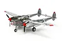 A fully assembled and painted Tamiya 1/48 scale P-38J Lightning model aircraft, featuring a silver finish with red nose cones and nose art.