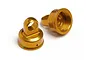 Two orange anodized aluminium shock caps for HPI RC vehicles, shown from different angles against a white background.