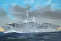 An artistic illustration of the German aircraft carrier Weser sailing on the ocean under a cloudy sky.