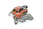A pre-painted Kyosho MP9 TKI4 V2 RC buggy body shell in orange, grey, and black, accompanied by a matching decal sheet on a white background.