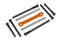 A set of HPI Racing RC spare parts including metal hinge pins, threaded screws, and an orange anodized suspension link on a white background.