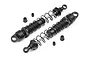 Two black HPI Racing RC front sport shock absorbers with springs and small rubber mounting bushings on a white background.