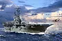 An artistic illustration of the USS Intrepid aircraft carrier at sea with a jet taking off from the flight deck under a cloudy sky.