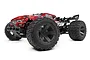 A studio shot of the Maverick Quantum XT 1/10 scale RC truggy in red, featuring large off-road tires and a black and red patterned body shell.