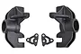 A pair of black RPM RC front spindles and two small triangular mounting plates for the Losi Super Rey on a white background.