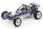 A studio shot of the Kyosho Turbo Scorpion 1/10 scale 2WD RC buggy, featuring a white, blue, and red body with a driver figure and off-road tires.