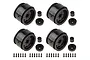 Four black 1.9-inch beadlock RC crawler rims with matching hex hubs, center caps, and mounting screws arranged on a white background.