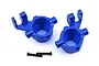 Two blue anodized aluminium steering blocks for Traxxas Maxx RC car with two black screws on a white background.