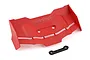 A red Traxxas RC rear wing with a separate black mounting bracket on a white background.
