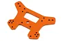 An orange anodized aluminium front shock tower for an RC car, featuring multiple mounting holes and a central rectangular cutout.
