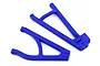 Two blue plastic suspension arms for a Traxxas E-Revo 2.0 RC car, shown against a white background.