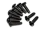 A group of ten black metal button head screws with coarse threads arranged on a white background.