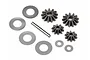HPI Racing differential bevel gear set including four metal gears, a central shaft, and several flat washers on a white background.
