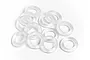 A pile of twelve translucent silicone O-rings on a white background.
