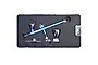 A blue SMS DragonAir airbrush with a chrome cup, resting in a black foam-lined storage case.