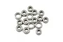 A collection of sixteen metal ball bearings of various sizes arranged on a white background.