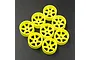 Eight fluorescent yellow wide RC car wheel rims arranged on a dark grey textured surface.