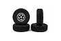 A set of four Yeah Racing 5-spoke aluminium and graphite beadlock wheels with black crawler tyres for RC cars against a white background.