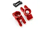 A pair of red anodized aluminium rear hubs for Kyosho Mini-Z RC cars by Yeah Racing, shown with two black mounting screws on a white background.