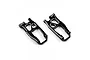 A pair of black anodized aluminium front suspension arms for Kyosho Mini-Z RC cars by Yeah Racing, featuring silver chamfered edges and laser-etched YR logos.