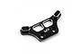 A black anodized aluminium front damper tower for Kyosho Mini-Z RC cars by Yeah Racing, featuring silver chamfered edges and the YR logo.