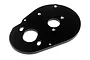 A black anodised aluminium motor mount plate for an HPI RC vehicle, featuring multiple mounting holes and two large circular cutouts.