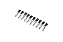 Ten black RC body clips with attached plastic pull tabs arranged in a diagonal line against a white background.