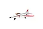E-Flite Habu STS 1m EDF jet RC plane in white, red, and silver livery, viewed from a side-angle on a white background.