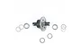 A River Hobby RC differential assembly with a metal ring gear and several small shims or washers arranged around it on a white background.