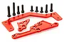 A set of red anodized aluminium engine brace mounts for an RC car, including three machined metal plates and nine black steel screws.