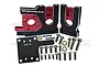 GPM Racing black and red aluminium motor mount set for Traxxas Sledge with included screws and washers on a white background.