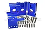 GPM Racing blue anodized aluminium motor mount set for Traxxas Sledge with included mounting hardware.