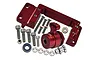GPM Racing red anodised aluminium servo mount and 25T servo horn with built-in servo saver, including various screws, washers, and a ball bearing.