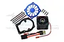GPM Racing blue aluminum motor cooling fan assembly with black fan, mounting bracket, and hardware on a white background.