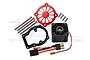 GPM Racing red motor cooling fan set with mount, screws, and wiring harness on a white background.