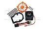GPM Racing 40x40mm motor cooling fan kit with orange anodized fan guard, black mounting bracket, screws, and wiring harness with a connector.