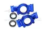 A pair of blue anodized aluminium RC rear hubs with GPM branding and two metal ball bearings on a white background.