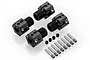 Four black GPM Racing aluminium wheel hex adapters with +6.5mm offset, including small grub screws and long threaded pins on a white background.