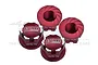 Four red anodized aluminium 17mm serrated wheel nuts for RC cars by GPM Racing, featuring laser-etched branding and material specifications.
