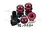 A set of GPM Racing red aluminium wheel hex adapters and nuts with pins and grub screws on a white background.
