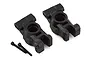 Two black plastic Traxxas rear hub carriers and two long black screws on a white background.