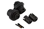 Traxxas Sledge drivetrain components including two black rubber boots, two metal drive cups, and two small threaded pins.