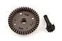 A Traxxas Sledge differential ring gear and pinion gear set made of dark grey metal on a white background.