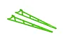 Two bright green anodized aluminium wheelie bar side plates for Traxxas RC vehicles, shown on a white background.