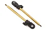 Two gold-colored tin-coated RC shock shafts with black plastic rod ends attached, isolated on a white background.