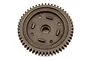 A dark grey steel spur gear for an RC car, featuring a central hole and mounting points, isolated on a white background.