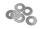 A cluster of six thin, silver-coloured metal washers arranged on a plain white background.
