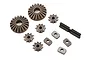 Traxxas Sledge gear differential rebuild set including bevel gears, spider gears, cross pins, and shims on a white background.